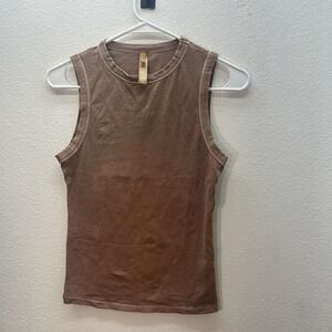 Skims Brown Cotton Blend High Neck Tank - Size Medium Minimalist Fitted Neutral